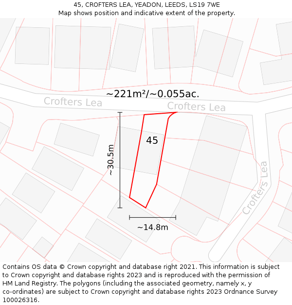 45, CROFTERS LEA, YEADON, LEEDS, LS19 7WE: Plot and title map