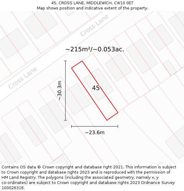 45, CROSS LANE, MIDDLEWICH, CW10 0ET: Plot and title map