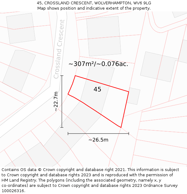 45, CROSSLAND CRESCENT, WOLVERHAMPTON, WV6 9LG: Plot and title map