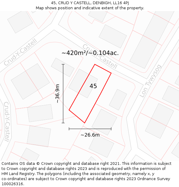 45, CRUD Y CASTELL, DENBIGH, LL16 4PJ: Plot and title map