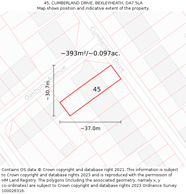 45, CUMBERLAND DRIVE, BEXLEYHEATH, DA7 5LA: Plot and title map