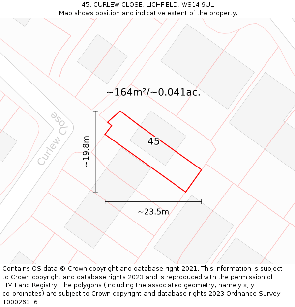 45, CURLEW CLOSE, LICHFIELD, WS14 9UL: Plot and title map