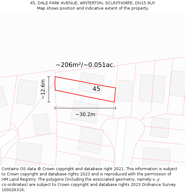 45, DALE PARK AVENUE, WINTERTON, SCUNTHORPE, DN15 9UY: Plot and title map