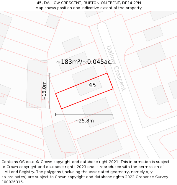 45, DALLOW CRESCENT, BURTON-ON-TRENT, DE14 2PN: Plot and title map