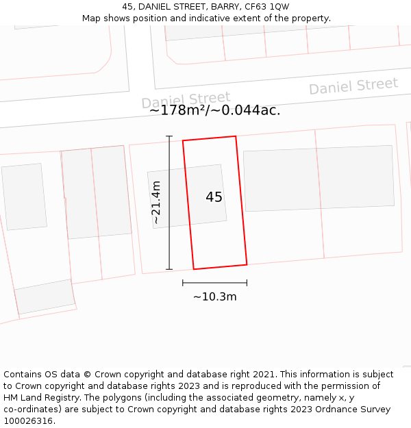 45, DANIEL STREET, BARRY, CF63 1QW: Plot and title map