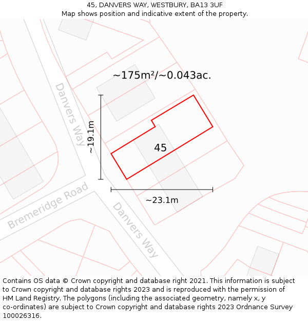 45, DANVERS WAY, WESTBURY, BA13 3UF: Plot and title map