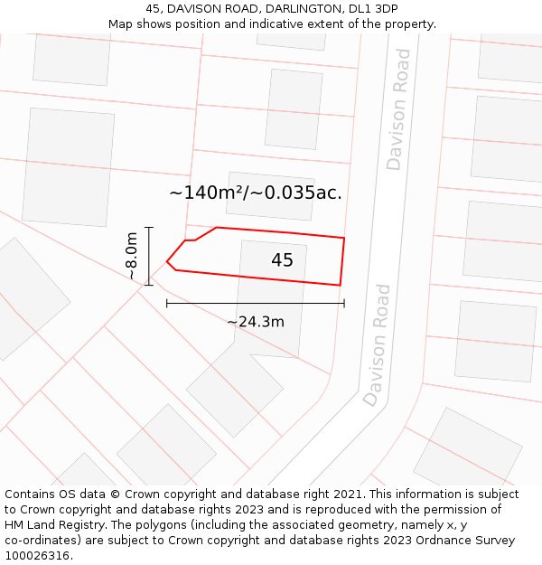 45, DAVISON ROAD, DARLINGTON, DL1 3DP: Plot and title map