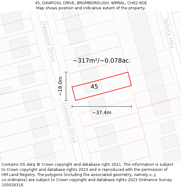 45, DAWPOOL DRIVE, BROMBOROUGH, WIRRAL, CH62 6DE: Plot and title map