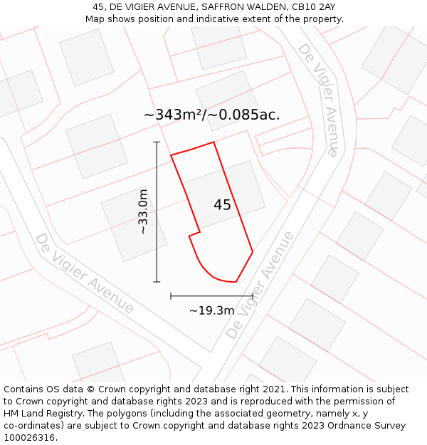 45, DE VIGIER AVENUE, SAFFRON WALDEN, CB10 2AY: Plot and title map