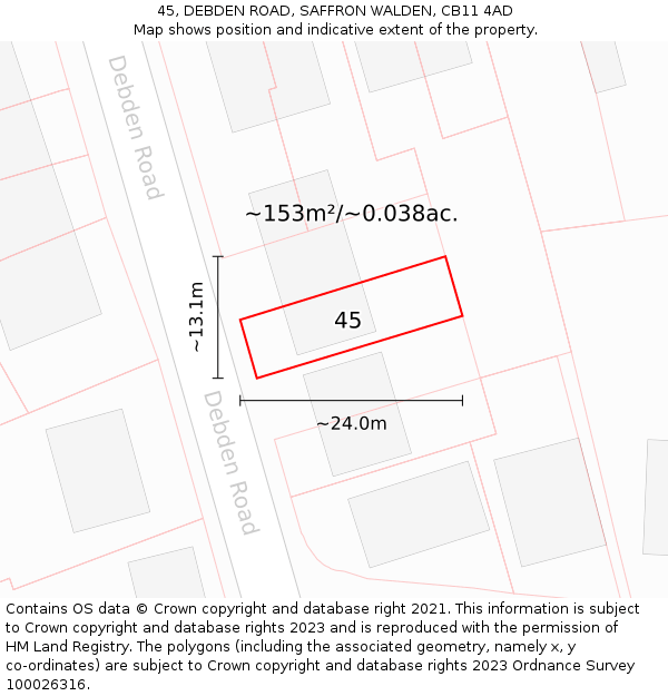 45, DEBDEN ROAD, SAFFRON WALDEN, CB11 4AD: Plot and title map