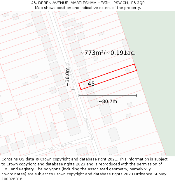 45, DEBEN AVENUE, MARTLESHAM HEATH, IPSWICH, IP5 3QP: Plot and title map