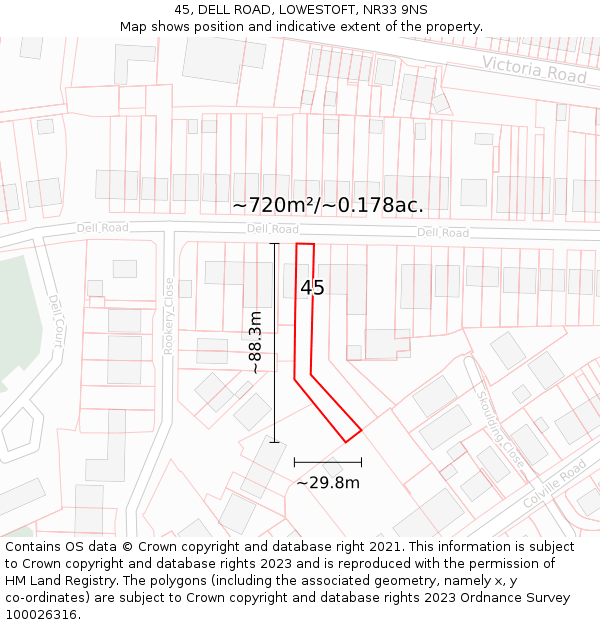 45, DELL ROAD, LOWESTOFT, NR33 9NS: Plot and title map