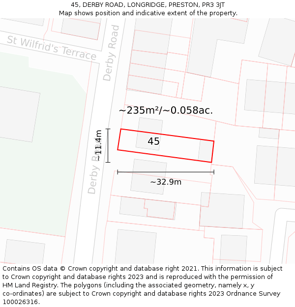 45, DERBY ROAD, LONGRIDGE, PRESTON, PR3 3JT: Plot and title map