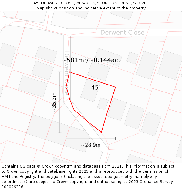 45, DERWENT CLOSE, ALSAGER, STOKE-ON-TRENT, ST7 2EL: Plot and title map