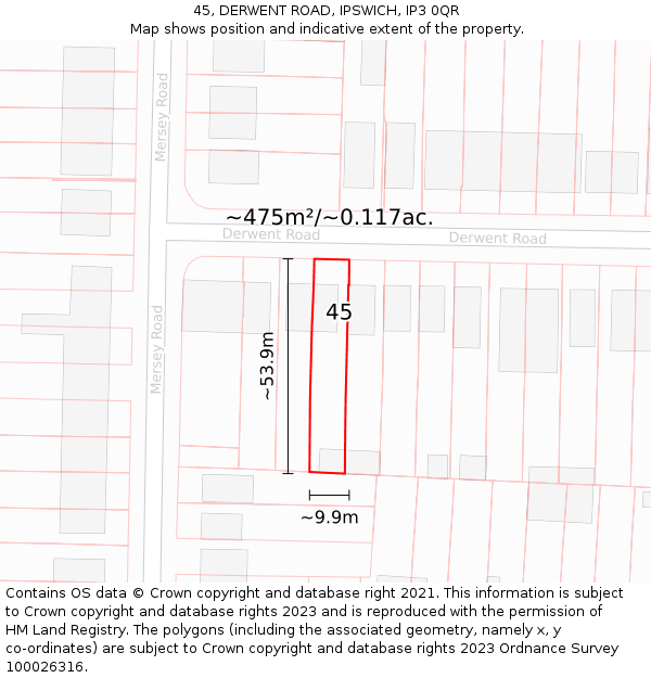 45, DERWENT ROAD, IPSWICH, IP3 0QR: Plot and title map