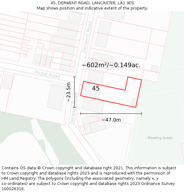 45, DERWENT ROAD, LANCASTER, LA1 3ES: Plot and title map