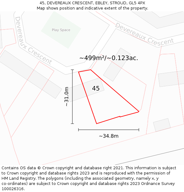 45, DEVEREAUX CRESCENT, EBLEY, STROUD, GL5 4PX: Plot and title map