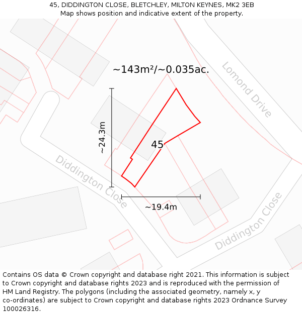 45, DIDDINGTON CLOSE, BLETCHLEY, MILTON KEYNES, MK2 3EB: Plot and title map