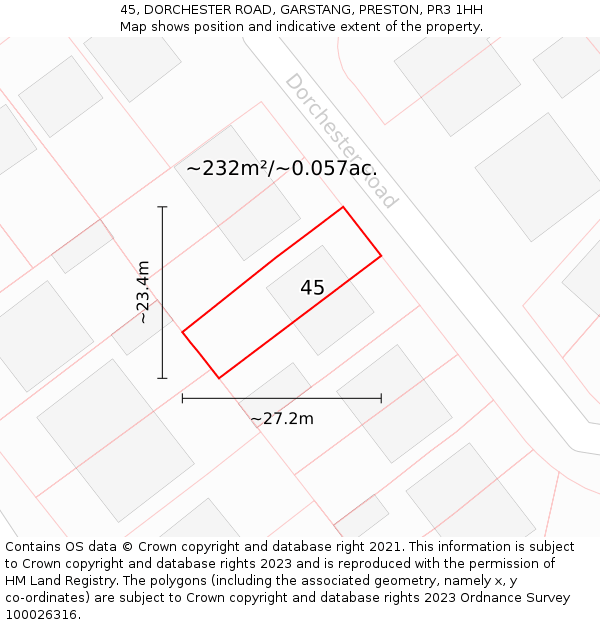 45, DORCHESTER ROAD, GARSTANG, PRESTON, PR3 1HH: Plot and title map