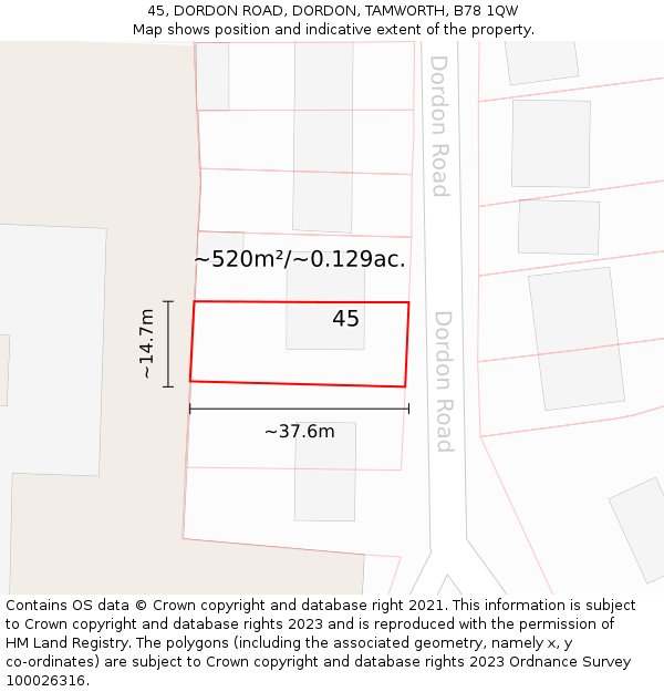 45, DORDON ROAD, DORDON, TAMWORTH, B78 1QW: Plot and title map