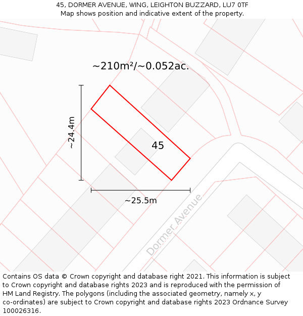 45, DORMER AVENUE, WING, LEIGHTON BUZZARD, LU7 0TF: Plot and title map