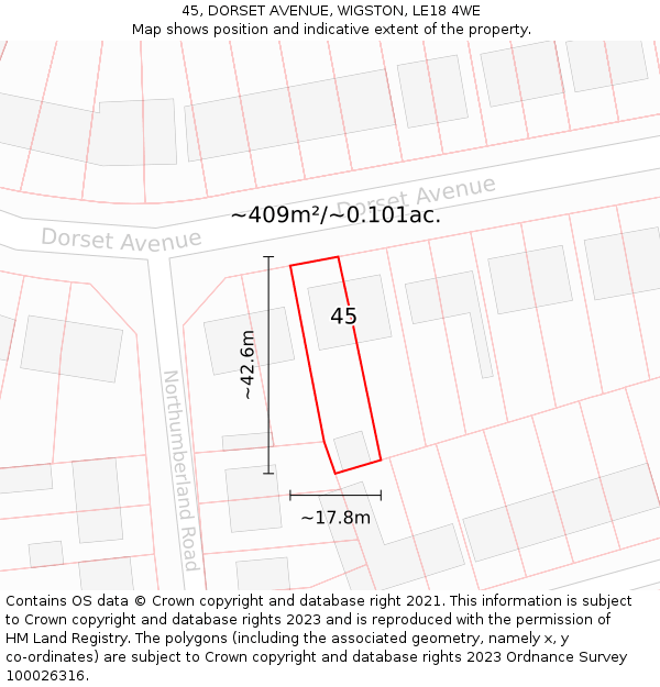 45, DORSET AVENUE, WIGSTON, LE18 4WE: Plot and title map