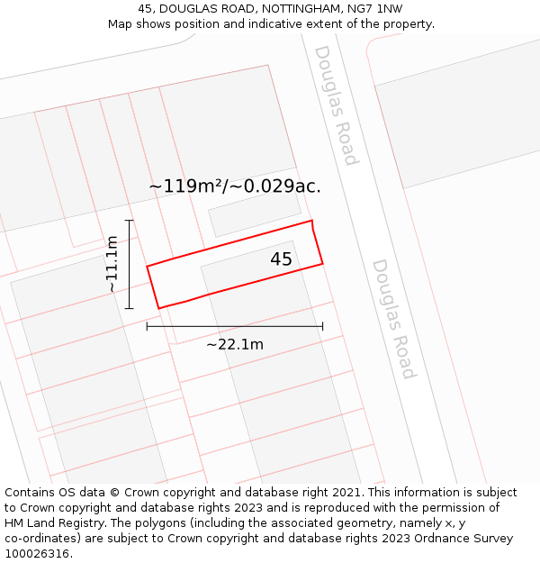 45, DOUGLAS ROAD, NOTTINGHAM, NG7 1NW: Plot and title map