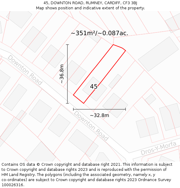 45, DOWNTON ROAD, RUMNEY, CARDIFF, CF3 3BJ: Plot and title map