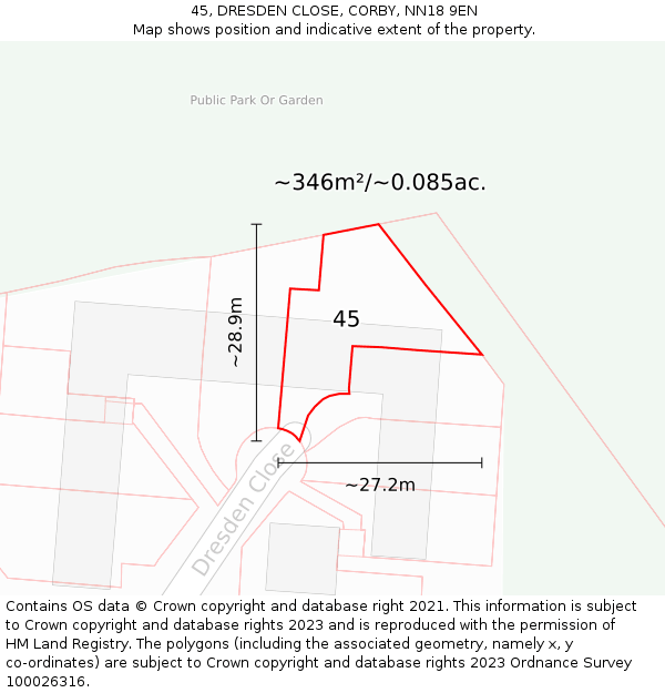 45, DRESDEN CLOSE, CORBY, NN18 9EN: Plot and title map