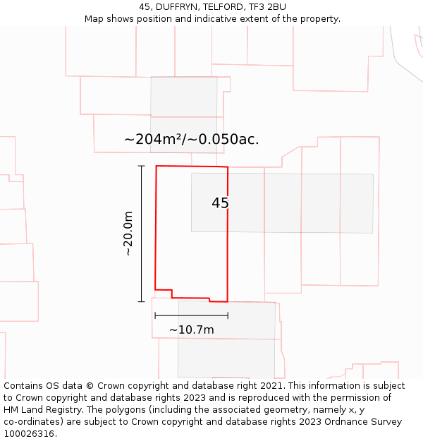 45, DUFFRYN, TELFORD, TF3 2BU: Plot and title map