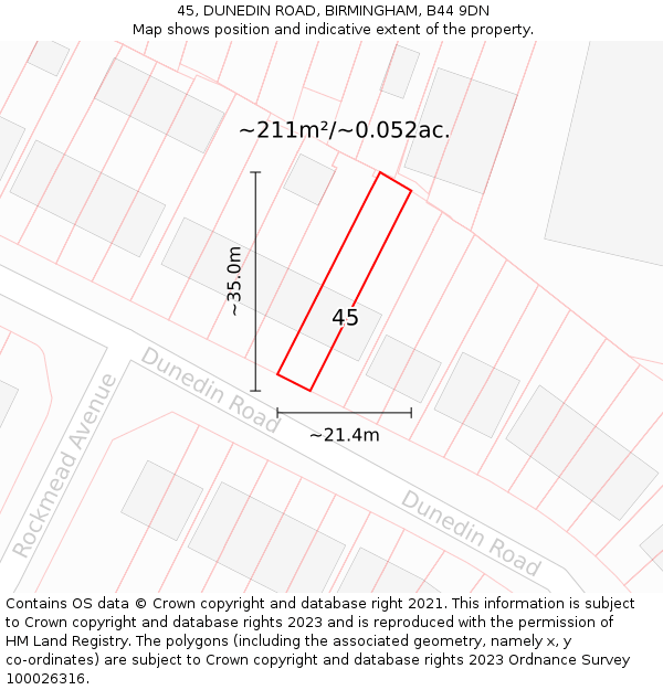 45, DUNEDIN ROAD, BIRMINGHAM, B44 9DN: Plot and title map