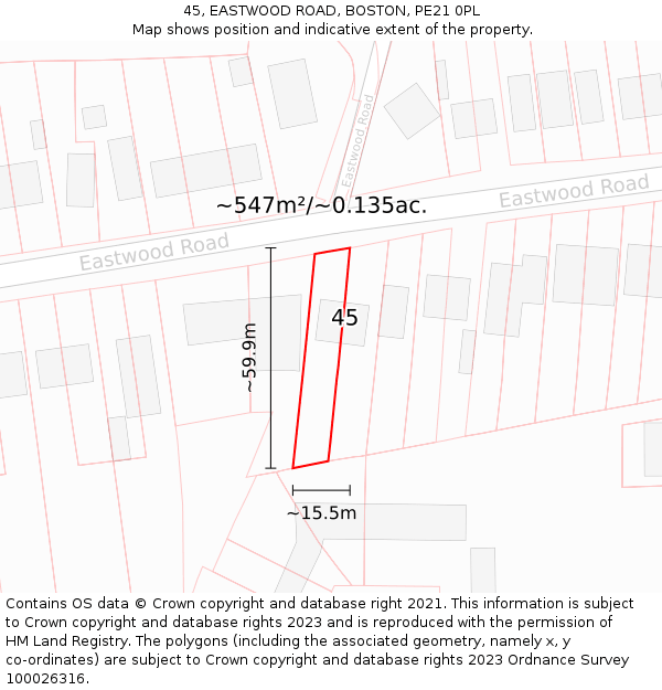 45, EASTWOOD ROAD, BOSTON, PE21 0PL: Plot and title map