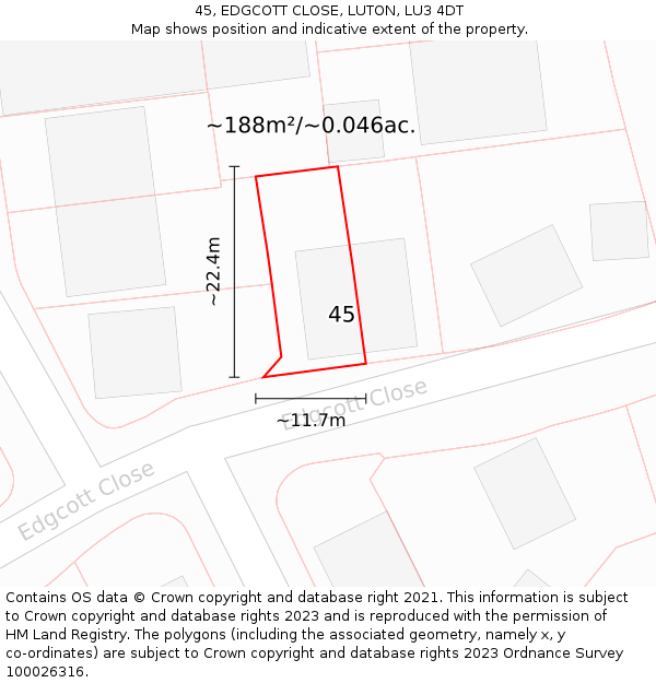 45, EDGCOTT CLOSE, LUTON, LU3 4DT: Plot and title map