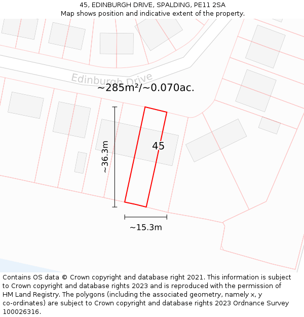 45, EDINBURGH DRIVE, SPALDING, PE11 2SA: Plot and title map