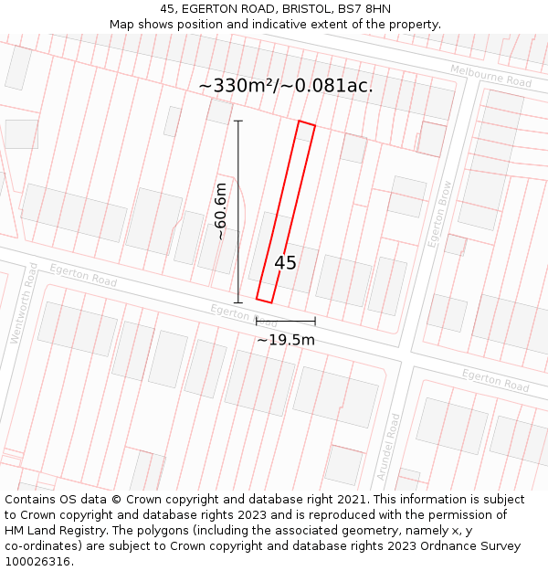 45, EGERTON ROAD, BRISTOL, BS7 8HN: Plot and title map
