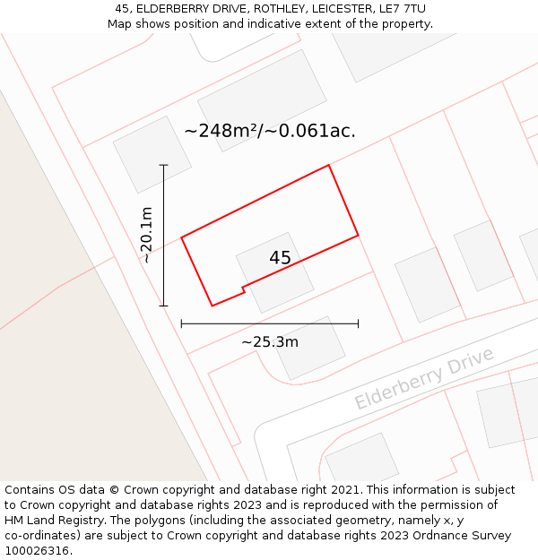 45, ELDERBERRY DRIVE, ROTHLEY, LEICESTER, LE7 7TU: Plot and title map