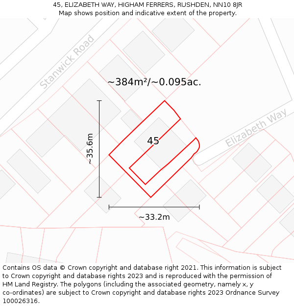 45, ELIZABETH WAY, HIGHAM FERRERS, RUSHDEN, NN10 8JR: Plot and title map