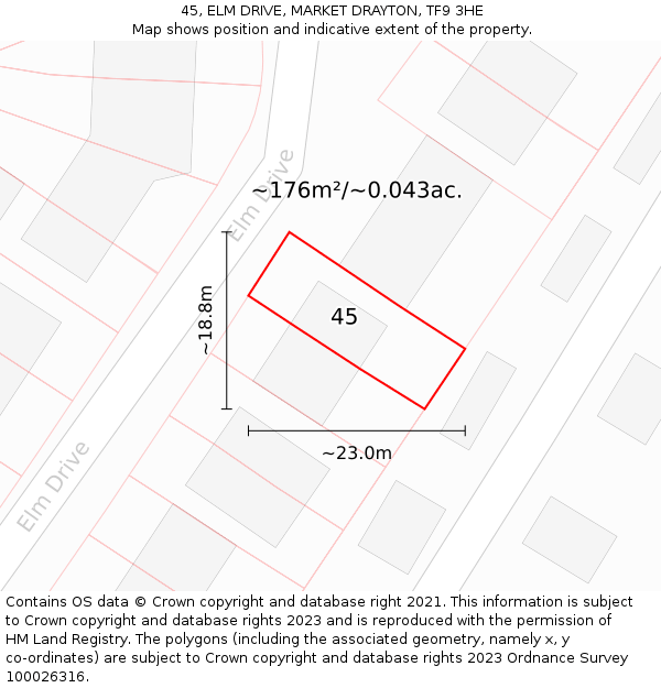 45, ELM DRIVE, MARKET DRAYTON, TF9 3HE: Plot and title map