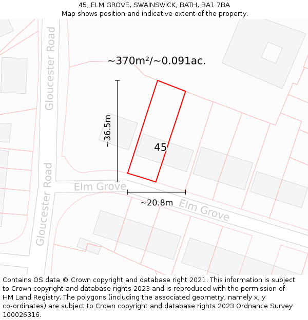 45, ELM GROVE, SWAINSWICK, BATH, BA1 7BA: Plot and title map