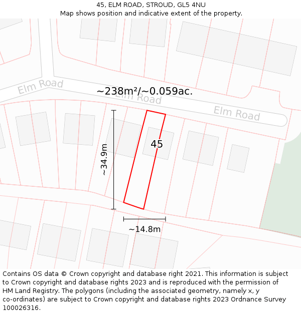 45, ELM ROAD, STROUD, GL5 4NU: Plot and title map