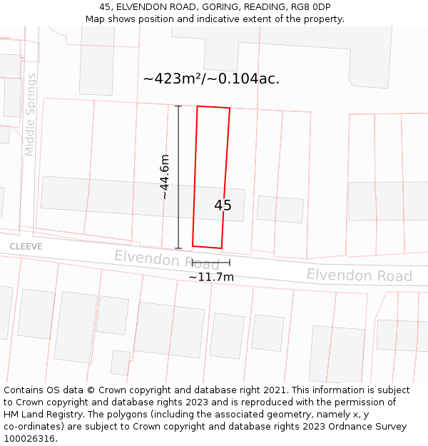 45, ELVENDON ROAD, GORING, READING, RG8 0DP: Plot and title map