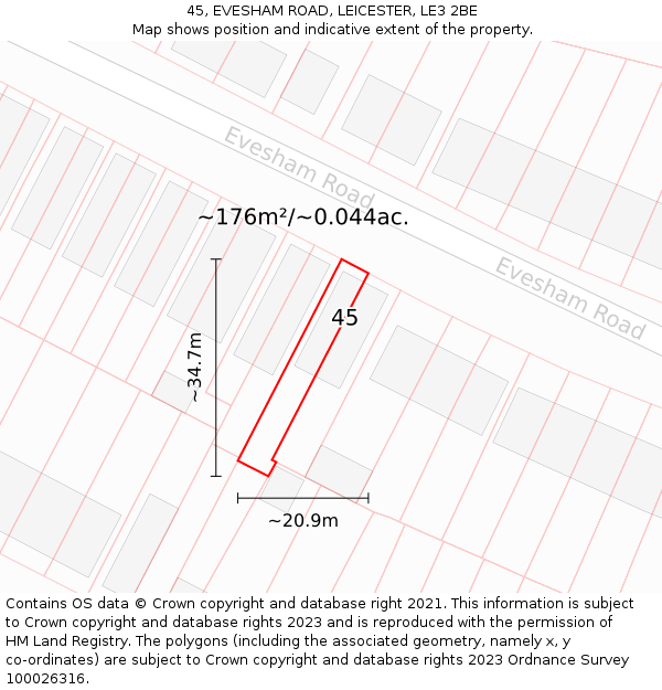 45, EVESHAM ROAD, LEICESTER, LE3 2BE: Plot and title map