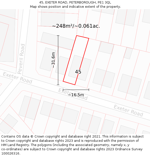 45, EXETER ROAD, PETERBOROUGH, PE1 3QL: Plot and title map