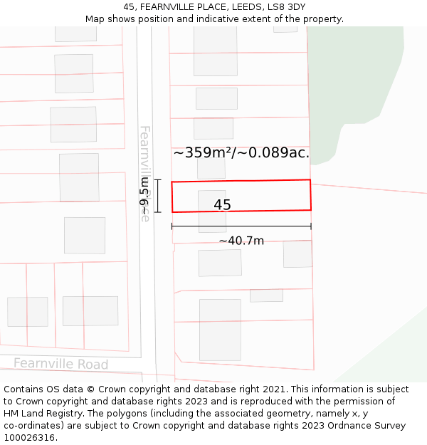 45, FEARNVILLE PLACE, LEEDS, LS8 3DY: Plot and title map