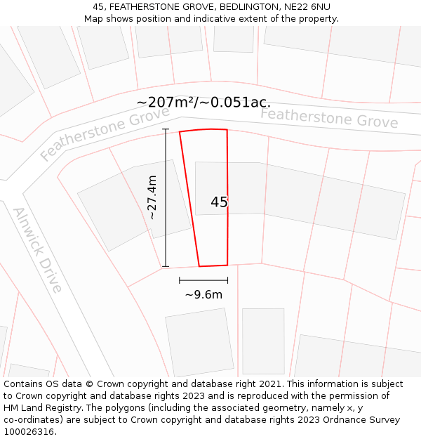 45, FEATHERSTONE GROVE, BEDLINGTON, NE22 6NU: Plot and title map