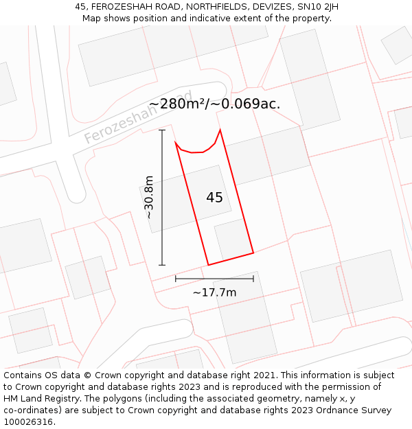45, FEROZESHAH ROAD, NORTHFIELDS, DEVIZES, SN10 2JH: Plot and title map