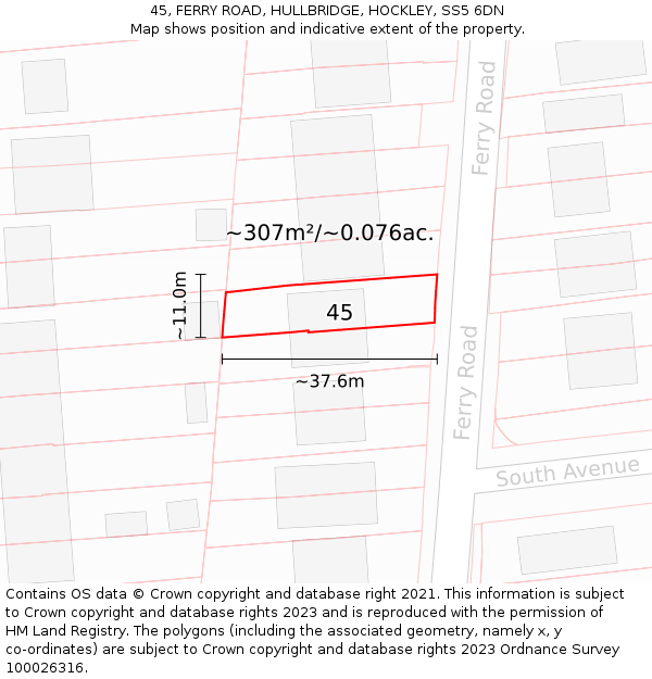 45, FERRY ROAD, HULLBRIDGE, HOCKLEY, SS5 6DN: Plot and title map