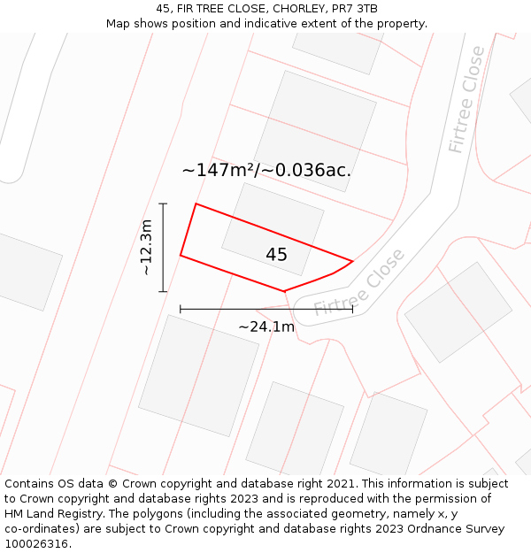 45, FIR TREE CLOSE, CHORLEY, PR7 3TB: Plot and title map