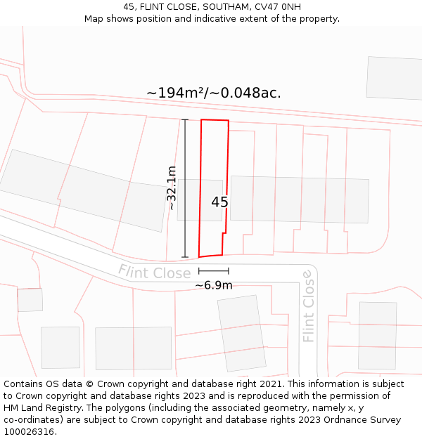 45, FLINT CLOSE, SOUTHAM, CV47 0NH: Plot and title map