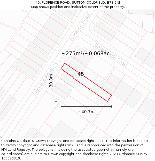 45, FLORENCE ROAD, SUTTON COLDFIELD, B73 5NJ: Plot and title map